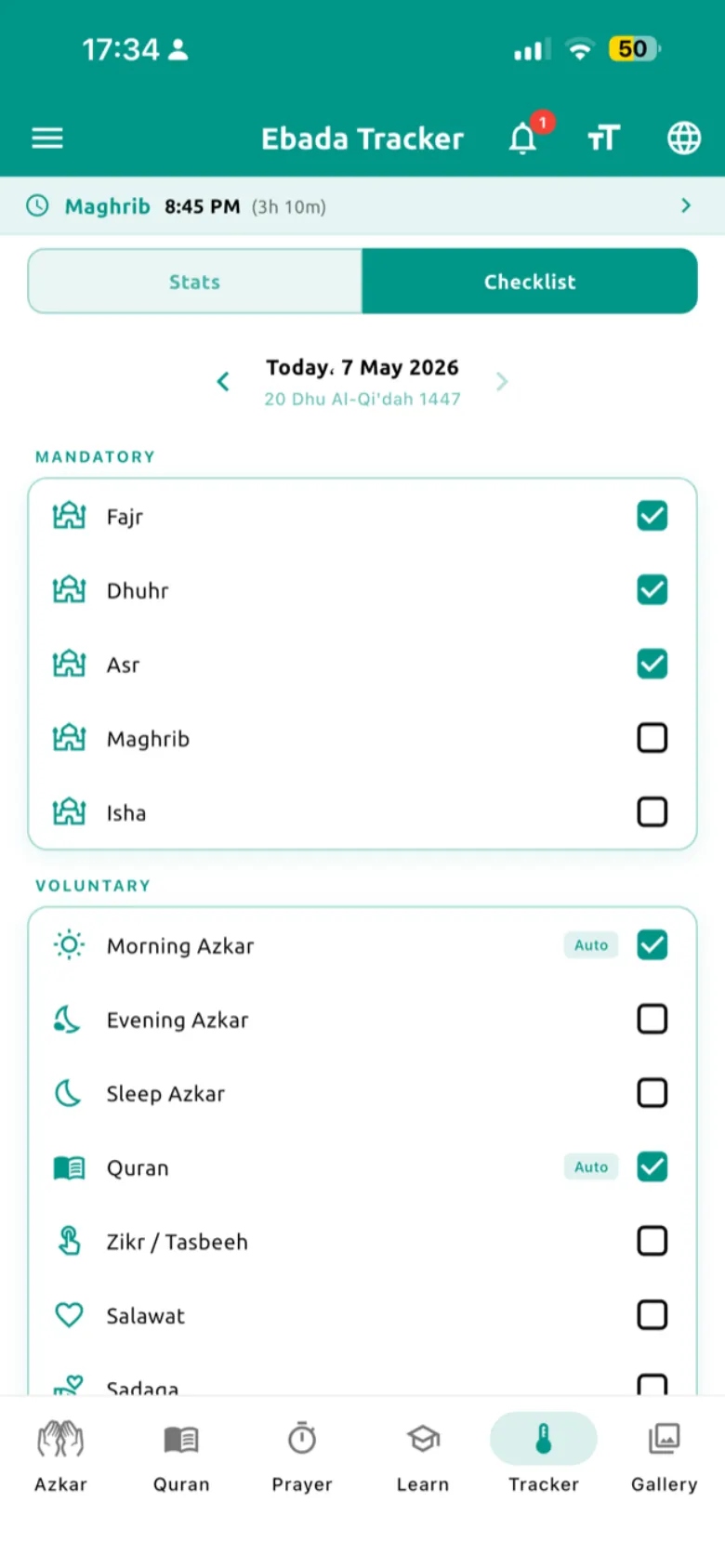 Ebada Tracker - daily checklist for prayer, fasting, Sadaqah, Dhikr, and Quran progress